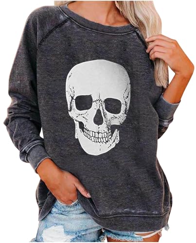 WINKEEY Damen Halloween Sweatshirt Schädel Grafik T Shirts Langarmshirt Pullover Gothic Tops Skelett Kostüm Funny Halloween Costume,Grau7 L von WINKEEY