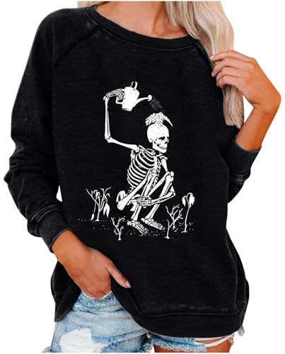 WINKEEY Damen Halloween Sweatshirt Schädel Grafik T Shirts Langarmshirt Pullover Gothic Tops Skelett Kostüm Funny Halloween Costume,Schwarz1 3XL von WINKEEY