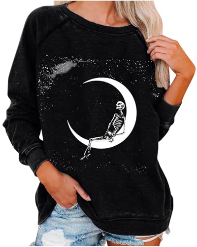 WINKEEY Damen Halloween Sweatshirt Schädel Grafik T Shirts Langarmshirt Pullover Gothic Tops Skelett Kostüm Funny Halloween Costume,Schwarz2 2XL von WINKEEY