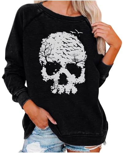 WINKEEY Damen Halloween Sweatshirt Schädel Grafik T Shirts Langarmshirt Pullover Gothic Tops Skelett Kostüm Funny Halloween Costume,Schwarz6 L von WINKEEY