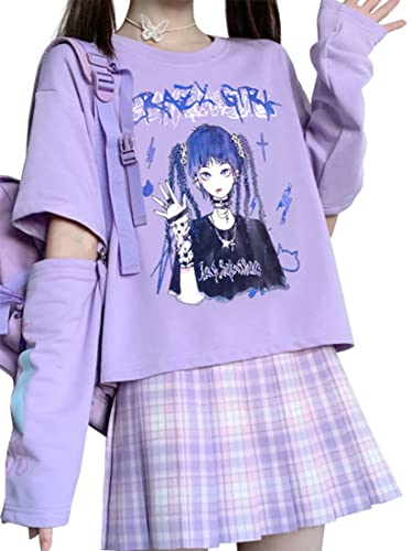 WINKEEY Damen Harajuku Langarmshirts Mädchen Sommer Tops Kawaii Japan Y2K Sweatshirts Gothic T-Shirt Cosplay Oberteil, Lila Mädchen mit blauen Haaren XXL von WINKEEY