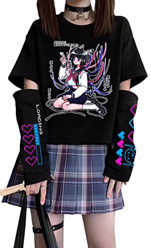 WINKEEY Damen Harajuku Langarmshirts Mädchen Sommer Tops Kawaii Japan Y2K Sweatshirts Gothic T-Shirt Cosplay Oberteil,01schwarzes Mädchen mit Schleife L von WINKEEY