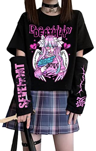 WINKEEY Damen Harajuku Langarmshirts Mädchen Sommer Tops Kawaii Japan Y2K Sweatshirts Gothic T-Shirt Cosplay Oberteil,01schwarzes Mädchen mit einem Auge L von WINKEEY