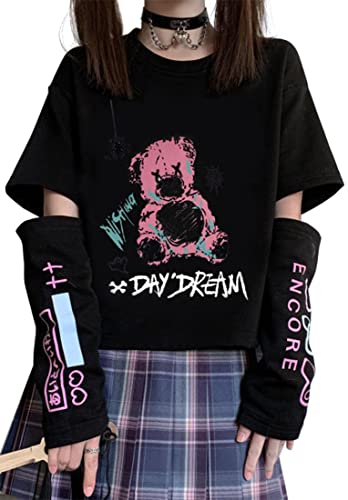 WINKEEY Damen Harajuku Langarmshirts Mädchen Sommer Tops Kawaii Japan Y2K Sweatshirts Gothic T-Shirt Cosplay Oberteil, Schwarzer rosa Bär XXL von WINKEEY