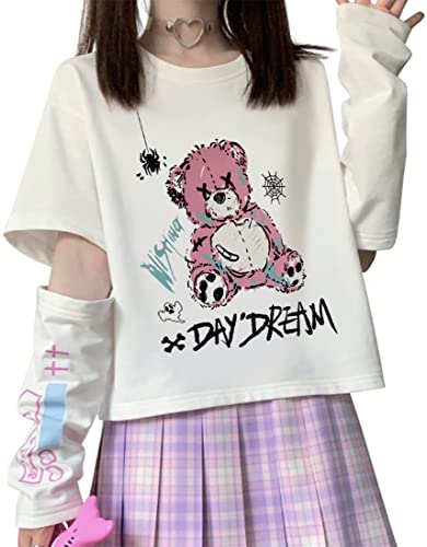 WINKEEY Damen Harajuku Langarmshirts Mädchen Sommer Tops Kawaii Japan Y2K Sweatshirts Gothic T-Shirt Cosplay Oberteil, Weißer rosa Bär L von WINKEEY