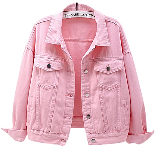 WINKEEY Damen Jacke Jeans Mantel für Herbst und Frühling Knopf Umlegekragen Denim Jaket, Rosa 3XL von WINKEEY