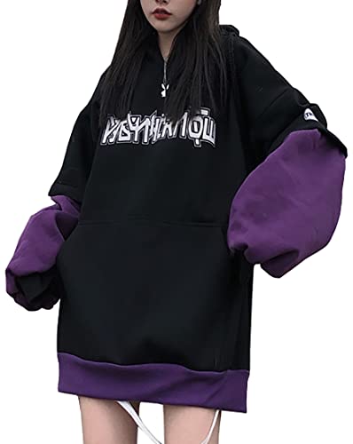 WINKEEY Damen Japanischer Harajuku Kapuzenpullover Mädchen Herbst Winter Hoodie Hip Hop Streetwear Punk Süß Sweatshirts Oversized Pulli, Lila Schwarz L von WINKEEY