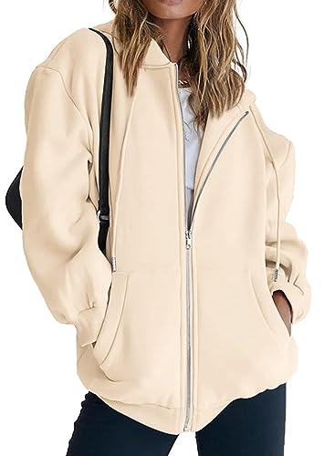 WINKEEY Damen Kapuzenpullover Basic Hoodie mit Reißverschlus Zip Hoodie Sweatjacke Sweatshirt Outdoor Fitness Jacke Sport Oberteil, Beige XL von WINKEEY