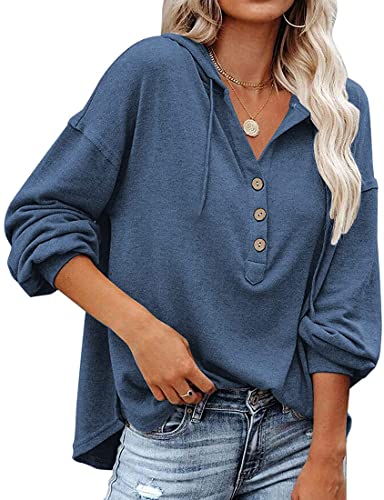 WINKEEY Kapuzenpullover Damen Knopfleiste Hoodie V-Ausschnitt Langarm Sweatshirt Frauen Pullover Kordelzug Oberteil Für Frühling Herbst Winter, Blau L von WINKEEY