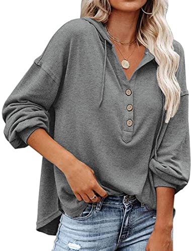 WINKEEY Kapuzenpullover Damen Knopfleiste Hoodie V-Ausschnitt Langarm Sweatshirt Frauen Pullover Kordelzug Oberteil Für Frühling Herbst Winter, Grau L von WINKEEY