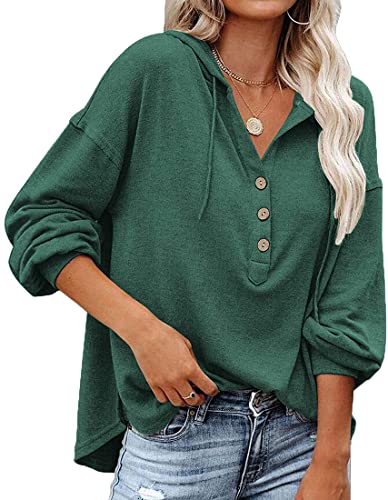 WINKEEY Kapuzenpullover Damen Knopfleiste Hoodie V-Ausschnitt Langarm Sweatshirt Frauen Pullover Kordelzug Oberteil Für Frühling Herbst Winter, Grün XL von WINKEEY