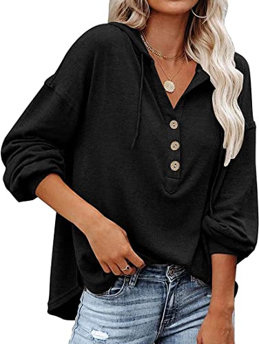 WINKEEY Kapuzenpullover Damen Knopfleiste Hoodie V-Ausschnitt Langarm Sweatshirt Frauen Pullover Kordelzug Oberteil Für Frühling Herbst Winter, Schwarz L von WINKEEY