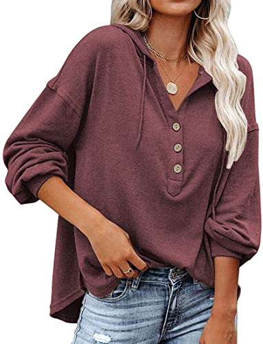 WINKEEY Kapuzenpullover Damen Knopfleiste Hoodie V-Ausschnitt Langarm Sweatshirt Frauen Pullover Kordelzug Oberteil Für Frühling Herbst Winter, Weinrot M von WINKEEY