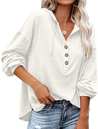 WINKEEY Kapuzenpullover Damen Knopfleiste Hoodie V-Ausschnitt Langarm Sweatshirt Frauen Pullover Kordelzug Oberteil Für Frühling Herbst Winter, Weiß L von WINKEEY