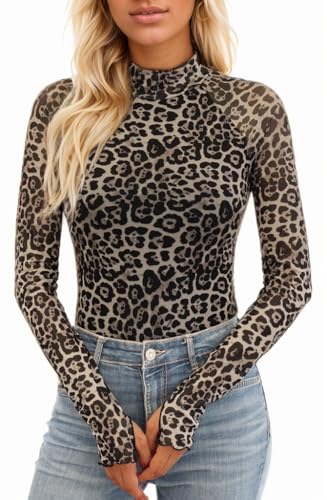 WINKEEY Damen Langarmshirt Spitze Mesh Oberteil Mit Blumenmuster Durchsichtiges Netz Top Rundhalsausschnitt Fitted Sexy Oberteil,Leopardenmuster L von WINKEEY