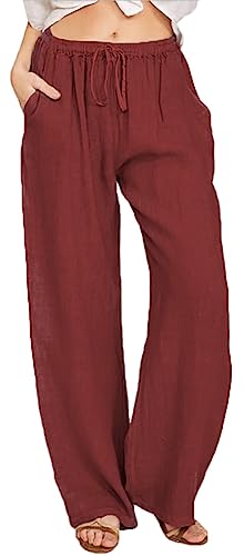 WINKEEY Damen Leinenhose Casual Sommer Freizeithose mit Taschen Frauen Hosen Jogginghose Loose Bequem Yogahose Mit Kordelzug,Weinrot L von WINKEEY