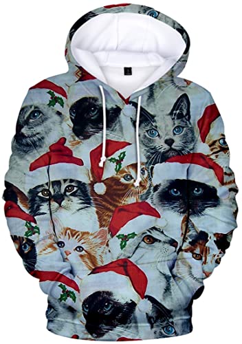 WINKEEY Damen Lustiger Weihnachtstag Hoodie Merry Christmas Pullover mit Kapuze 3D Druck Frohe Weihnachten Katze Elch Santa Weihnachtsmann Muster, 01 4XL von WINKEEY