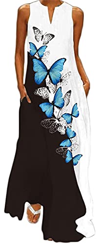 WINKEEY Damen Maxikleid Schmetterling Blumen Drucken V-Ausschnitt Böhmischer Plus Size Sommerlanges Kleid mit Taschen, 1 Blauer Schmetterling1 XXL von WINKEEY