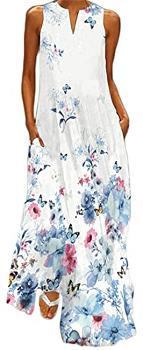 WINKEEY Damen Maxikleid Schmetterling Blumen Drucken V-Ausschnitt Böhmischer Plus Size Sommerlanges Kleid mit Taschen, Blaue Blume1 XXL von WINKEEY