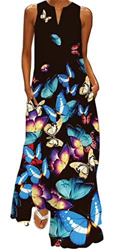 WINKEEY Damen Maxikleid Schmetterling Blumen Drucken V-Ausschnitt Böhmischer Plus Size Sommerlanges Kleid mit Taschen, Blauer Schmetterling2 L von WINKEEY