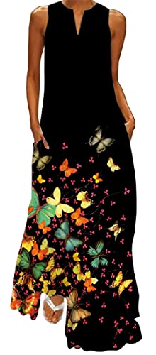 WINKEEY Damen Maxikleid Schmetterling Blumen Drucken V-Ausschnitt Böhmischer Plus Size Sommerlanges Kleid mit Taschen, Bunter Schmetterling 1 3XL von WINKEEY