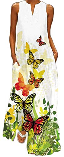 WINKEEY Damen Maxikleid Schmetterling Blumen Drucken V-Ausschnitt Böhmischer Plus Size Sommerlanges Kleid mit Taschen, Gelber Schmetterling1 3XL von WINKEEY