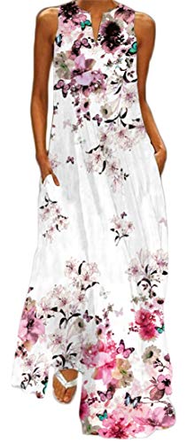 WINKEEY Damen Maxikleid Schmetterling Blumen Drucken V-Ausschnitt Böhmischer Plus Size Sommerlanges Kleid mit Taschen, Kirsche1 3XL von WINKEEY