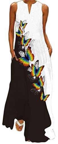 WINKEEY Damen Maxikleid Schmetterling Blumen Drucken V-Ausschnitt Böhmischer Plus Size Sommerlanges Kleid mit Taschen, Mehrfarbiger Schmetterling1 5XL von WINKEEY