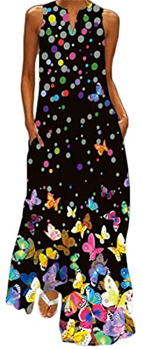 WINKEEY Damen Maxikleid Schmetterling Blumen Drucken V-Ausschnitt Böhmischer Plus Size Sommerlanges Kleid mit Taschen, Schwarzer Schmetterling1 5XL von WINKEEY