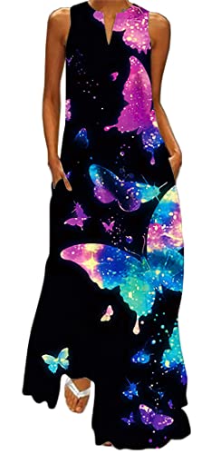 WINKEEY Damen Maxikleid Schmetterling Blumen Drucken V-Ausschnitt Böhmischer Plus Size Sommerlanges Kleid mit Taschen, Stern Schmetterling 4XL von WINKEEY