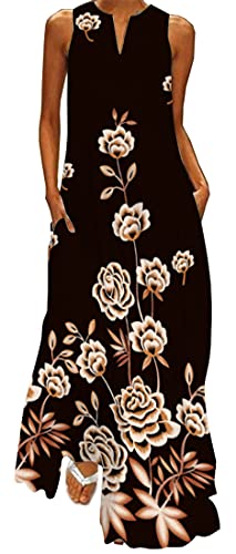 WINKEEY Damen Maxikleid Sommer Schmetterling Blumenkleid Sexy V-Ausschnitt Oversized Elegant Kleider Ärmelloses Kleid, Gelb Blume 5XL von WINKEEY