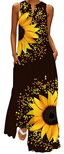 WINKEEY Damen Maxikleid Sommer Schmetterling Blumenkleid Sexy V-Ausschnitt Oversized Elegant Kleider Ärmelloses Kleid, Gelbe Sonnenblume 5XL von WINKEEY