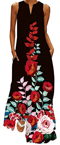 WINKEEY Damen Maxikleid Sommer Schmetterling Blumenkleid Sexy V-Ausschnitt Oversized Elegant Kleider Ärmelloses Kleid, Rose M von WINKEEY