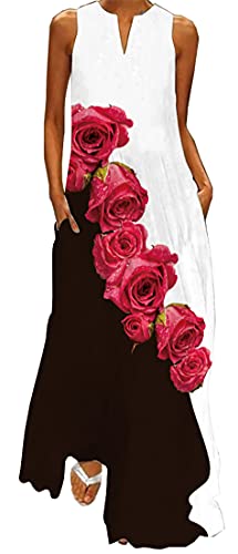 WINKEEY Damen Maxikleid Sommer Schmetterling Blumenkleid Sexy V-Ausschnitt Oversized Elegant Kleider Ärmelloses Kleid, Rote Rose 3XL von WINKEEY