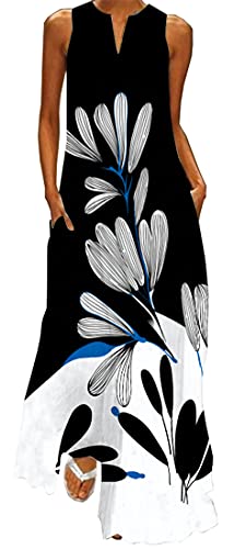 WINKEEY Damen Maxikleid Sommer Schmetterling Blumenkleid Sexy V-Ausschnitt Oversized Elegant Kleider Ärmelloses Kleid, Schwarze und weiße Blumen L von WINKEEY