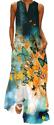 WINKEEY Damen Maxikleid Schmetterling Blumen Drucken V-Ausschnitt Böhmischer Plus Size Sommerlanges Kleid mit Taschen, Schwarzer Blauer Schmetterling1 L von WINKEEY