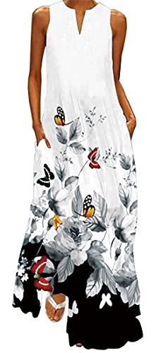 WINKEEY Damen Maxikleid Schmetterling Blumen Drucken V-Ausschnitt Böhmischer Plus Size Sommerlanges Kleid mit Taschen, Tuschemalerei1 4XL von WINKEEY