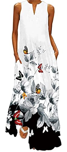 WINKEEY Damen Maxikleid Schmetterling Blumen Drucken V-Ausschnitt Böhmischer Plus Size Sommerlanges Kleid mit Taschen, Tuschemalerei1 L von WINKEEY