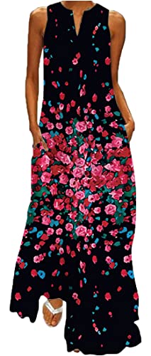 WINKEEY Damen Maxikleid Sommer Schmetterling Blumenkleid Sexy V-Ausschnitt Oversized Elegant Kleider Ärmelloses Kleid, Kleine Rose 3XL von WINKEEY