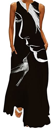 WINKEEY Damen Maxikleid Sommer Schmetterling Blumenkleid Sexy V-Ausschnitt Oversized Elegant Kleider Ärmelloses Kleid, Vögel 4XL von WINKEEY