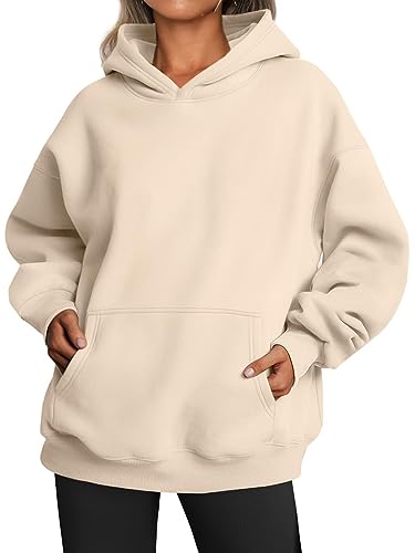 WINKEEY Hoodie Damen Oversize Pullover Sweatshirt Kapuzenpullover Pulli Sweatjacke Sport Oberteile Mit Tasche Tops Streetwear,Beige L von WINKEEY