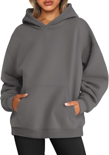 WINKEEY Hoodie Damen Oversize Pullover Sweatshirt Kapuzenpullover Pulli Sweatjacke Sport Oberteile Mit Tasche Tops Streetwear,Dunkelgrau M von WINKEEY