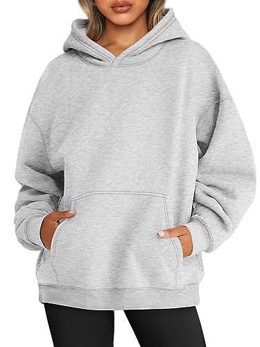 WINKEEY Hoodie Damen Oversize Pullover Sweatshirt Kapuzenpullover Pulli Sweatjacke Sport Oberteile Mit Tasche Tops Streetwear,Grau M von WINKEEY