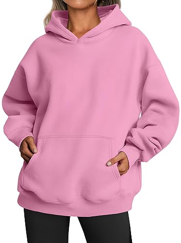 WINKEEY Hoodie Damen Oversize Pullover Sweatshirt Kapuzenpullover Pulli Sweatjacke Sport Oberteile Mit Tasche Tops Streetwear,Rosa XL von WINKEEY