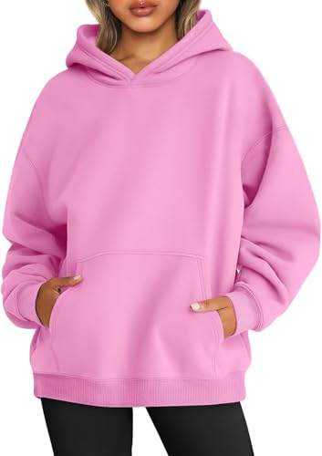 WINKEEY Hoodie Damen Oversize Pullover Sweatshirt Kapuzenpullover Pulli Sweatjacke Sport Oberteile Mit Tasche Tops Streetwear,Rosa XL von WINKEEY