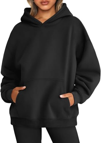 WINKEEY Hoodie Damen Oversize Pullover Sweatshirt Kapuzenpullover Pulli Sweatjacke Sport Oberteile Mit Tasche Tops Streetwear,Schwarz L von WINKEEY