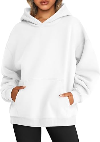 WINKEEY Hoodie Damen Oversize Pullover Sweatshirt Kapuzenpullover Pulli Sweatjacke Sport Oberteile Mit Tasche Tops Streetwear,Weiß L von WINKEEY