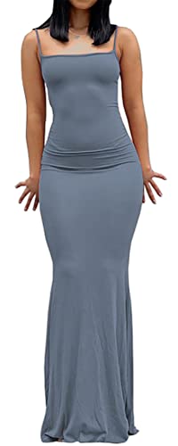 WINKEEY Sexy Kleid Damen Lang Elegant Hochzeitsgast Kleider Eng Ärmelloses Rückenfreies Sommerkleid Maxikleid Partykleid Summer Dress, Blau L von WINKEEY