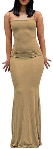 WINKEEY Sexy Kleid Damen Lang Elegant Hochzeitsgast Kleider Eng Ärmelloses Rückenfreies Sommerkleid Maxikleid Partykleid Summer Dress, Khaki L von WINKEEY