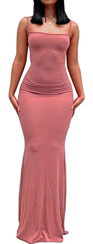 WINKEEY Sexy Kleid Damen Lang Elegant Hochzeitsgast Kleider Eng Ärmelloses Rückenfreies Sommerkleid Maxikleid Partykleid Summer Dress, Rosa S von WINKEEY